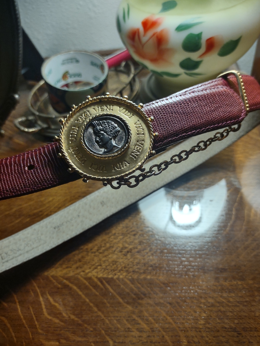 Doncaster Burgundy Leather Belt with Gold Medallion Accent